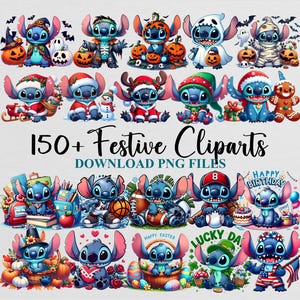 Lilo Stitch Cliparts Halloween Christmas Birthday Valentines Day PNG Bundle Template Sublimation Design Download Digital File Girl Boy Baby image 1