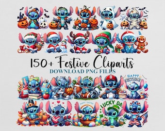 Lilo Stitch Cliparts Halloween Christmas Birthday Back School Valentines Day PNG Bundle Template Sublimation Design Download Digital File