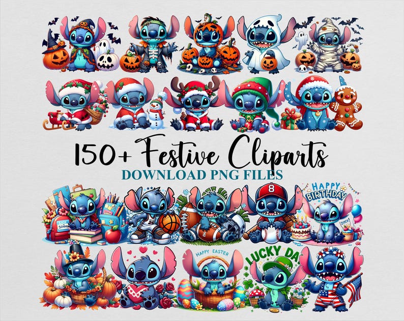 Lilo Stitch Cliparts Halloween Christmas Birthday Valentines Day PNG Bundle Template Sublimation Design Download Digital File Girl Boy Baby image 1