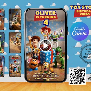 Op de afbeelding: Een digitale uitnodiging voor een Toy Story-thema verjaardagsfeest. De hoofdafbeelding toont Woody, Buzz Lightyear en andere personages. De uitnodiging bevat de tekst "Oliver wordt 4" en evenementdetails. Extra videodemo's worden ook getoond.