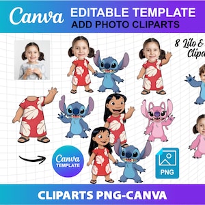 以下が含まれることがあります： リロ＆スティッチのクリップアートを使用したデジタルデザインテンプレート。画像には、キャラクターの複数のイラストと「Canva」と「編集可能なテンプレート」のテキストが含まれています。このデザインは、写真クリップアートとPNGファイル用です。