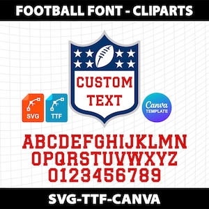 Pode incluir: Design gráfico digital de uma fonte com tema de futebol. Inclui o alfabeto, números e um emblema de escudo com o texto "CUSTOM TEXT". Disponível nos formatos SVG e TTF. Ideal para projetos criativos.