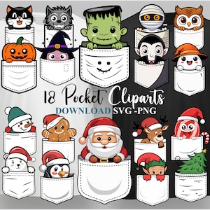 Halloween Christmas Cliparts T-shirt PNG SVG Pocket Festive Bundle Sublimation - DTF Template Design Download Digital File Printable