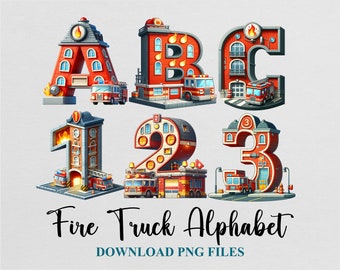Fire Truck Alphabet Letters Cliparts Fire Fighter Fireman Rescue Man Station Sublimation PNG Design Download Digital File Printable
