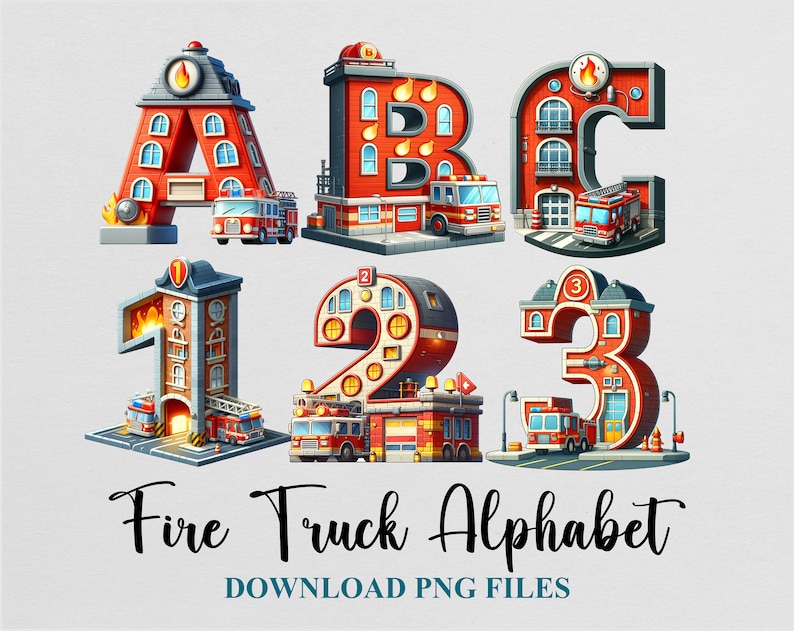May include: Fire truck alphabet and numbers with red, yellow, and blue details. The letters and numbers are shaped like fire stations with windows and doors. Each letter and number has a fire truck in front of it.