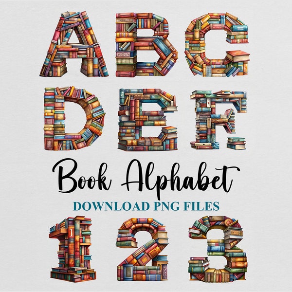 Vintage Old Book Letters Alphabet Numbers Cliparts Bundle Sublimation PNG Poster Design Download Digital File Commercial use  Printable