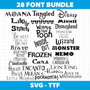 Puede incluir: Una pancarta azul muestra el texto "28 FONT BUNDLE". Debajo, se muestran varias fuentes temáticas de Disney, incluyendo "Moana", "Tangled", "Disney", "Lilo & Stitch" y "Minnie". La parte inferior de la imagen dice "SVG - TTF".