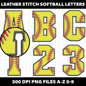 Peut inclure: Un ensemble de lettres et de chiffres de softball jaunes et rouges avec un design de point de cuir. Les lettres sont A, B, C, et les chiffres sont 1, 2 et 3. Les lettres et les chiffres sont des fichiers PNG 300 DPI.
