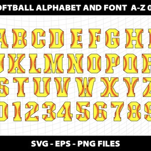 Pode incluir: Um conjunto de letras e n&uacute;meros do alfabeto de softball amarelo e vermelho. As letras e os n&uacute;meros s&atilde;o delineados em preto e t&ecirc;m um design de pontos de costura de softball.