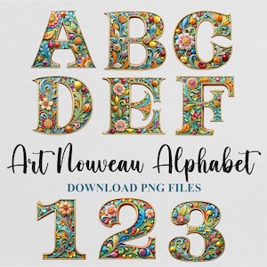 Art Nouveau Style Letters Alphabet Cliparts Watercolor Sublimation Art Nouveau PNG Design Download Digital File Commercial use Printable