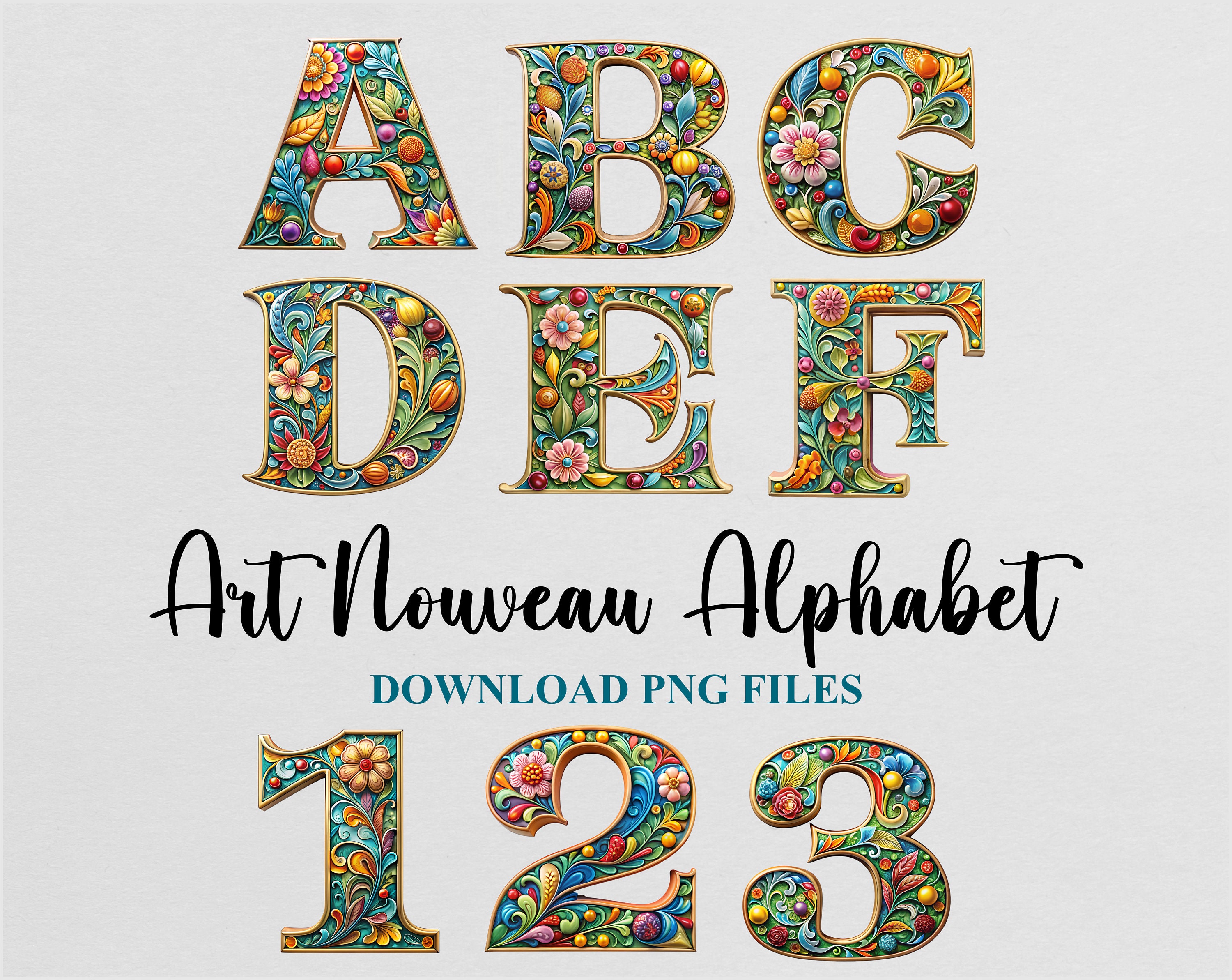 Art Nouveau Style Letters Alphabet Cliparts Watercolor Sublimation Art Nouveau PNG Design Download Digital File Commercial use Printable