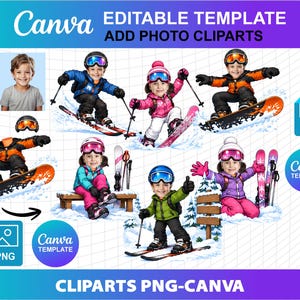 Puede incluir: Una colección digital de plantillas editables de Canva con ilustraciones de niños con ropa de deportes de invierno, incluyendo esquiadores y snowboarders. El conjunto incluye archivos PNG, imágenes prediseñadas y un marcador de posición.