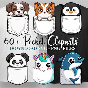Pocket T-shirt Animals Cliparts 60+ PNG SVG Bundle Sublimation DTF Template Design Download Digital File Printable 3d Pocket Cat Dog Bear