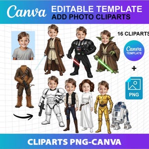 Könnte beinhalten: Eine digitale Vorlage mit dem Text "Canva EDITABLE TEMPLATE ADD PHOTO CLIPARTS". Das Bild zeigt 16 Charakter-Cliparts aus dem Star Wars-Franchise, darunter Darth Vader, Yoda und C-3PO. Die Vorlage enthält eine PNG-Datei.