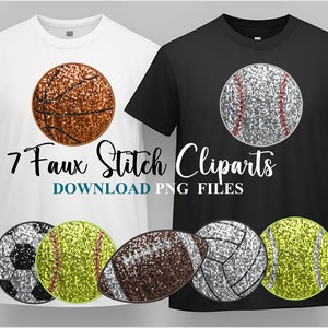 May include: Seven faux stitch clipart images of sports balls. The balls are a basketball, baseball, soccer ball, softball, football, volleyball, and tennis ball. The balls are all silver with glitter and have the stitching details in different colors. The text "7 Faux Stitch Cliparts" and "DOWNLOAD PNG FILES" is on the image.