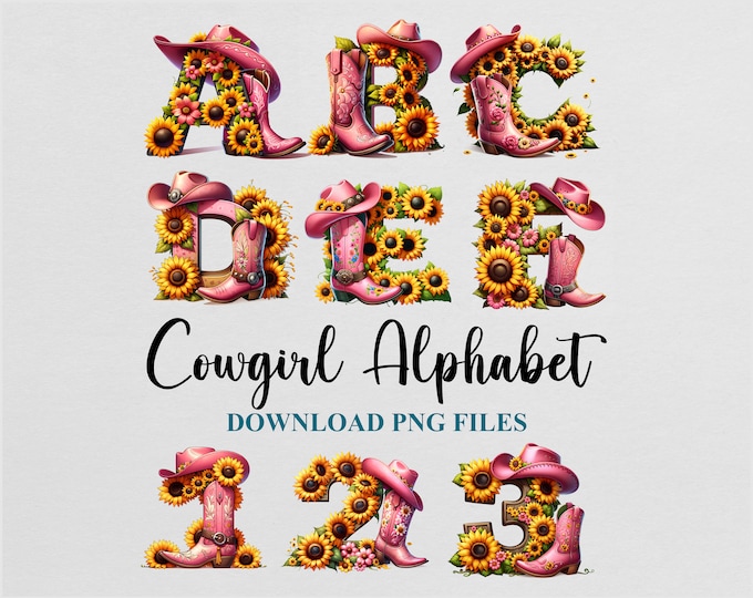 Country Girls Lettering Cowgirl Sunflower Girl Cowboy Letters Alphabet Bundle Design Download ...