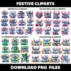 May include: A set of 36 digital clip art images featuring a blue cartoon character in various festive poses. The images are organized into four categories: Patriotic, Valentine's Day, St. Patrick's Day, and Easter Egg. Each image features the character with different accessories and props related to the holiday.