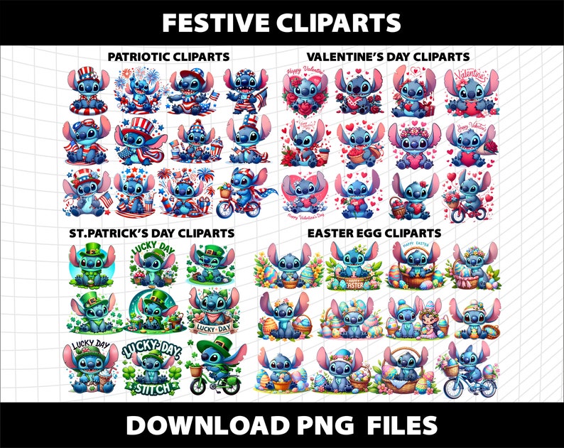 May include: A set of 36 digital clip art images featuring a blue cartoon character in various festive poses. The images are organized into four categories: Patriotic, Valentine's Day, St. Patrick's Day, and Easter Egg. Each image features the character with different accessories and props related to the holiday.