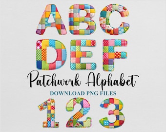 Letras del alfabeto de patchwork Cliparts DTF Sublimación PNG Plantilla Edredón Rústico Brillante Diseño hecho a mano Descargar archivo digital Uso comercial