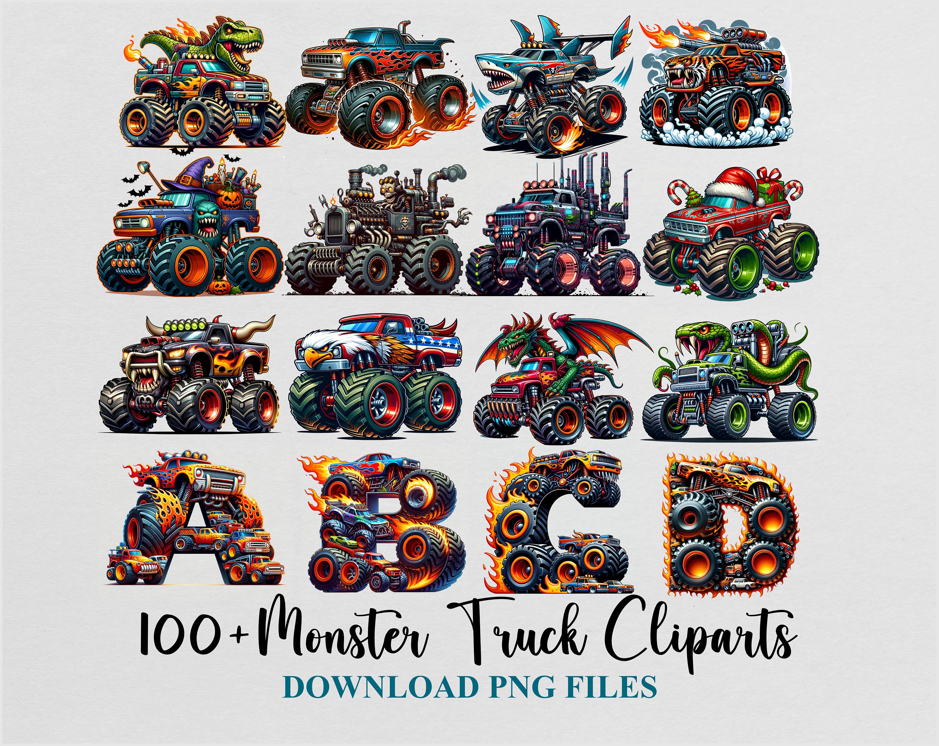 Monster Truck Cliparts Alphabet Bundle Watercolor Birthday Party Sublimation PNG Design Download Digital File Commercial use Printable
