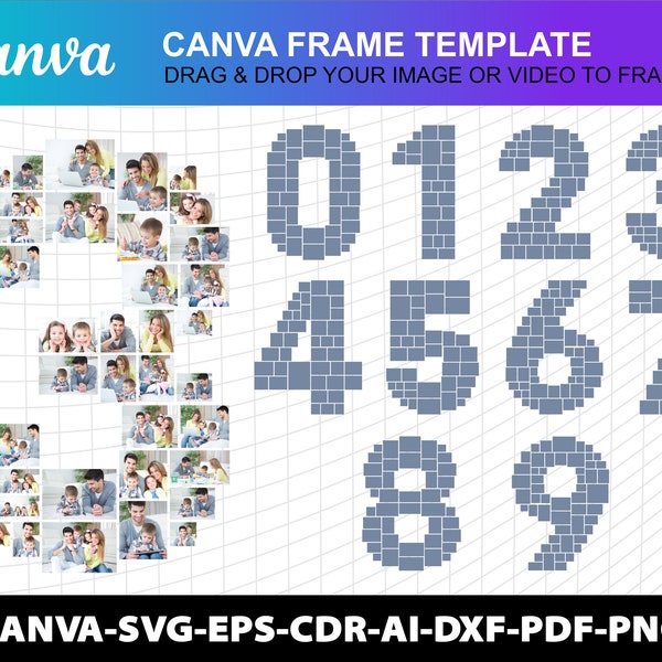 Modèle de cadre canevas pour collage photo numéro 0 1 2 3 4 5 6 7 8 9 Anniversaire anniversaire Svg Storyboard Collage photo commémoratif fichier modifiable