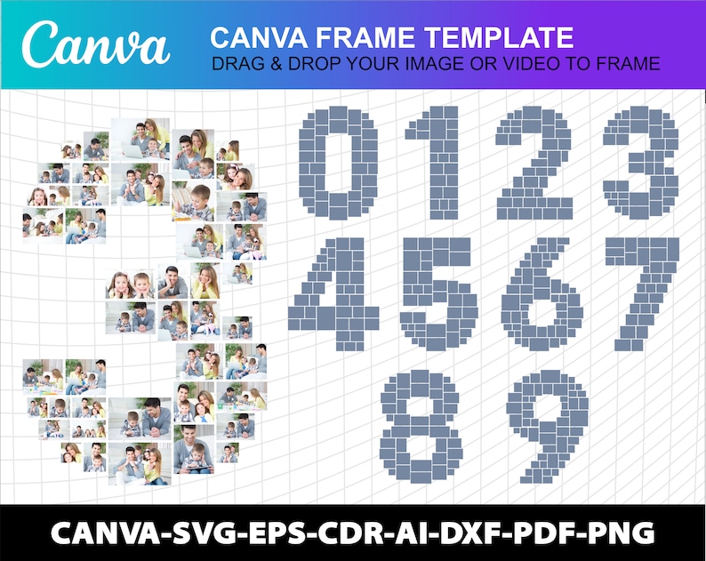 May include: A digital template with the Canva logo and the text "CANVA FRAME TEMPLATE". The image features the numbers 0-9 constructed from small square photo frames. The text "DRAG & DROP YOUR IMAGE OR VIDEO TO FRAME" is also present.