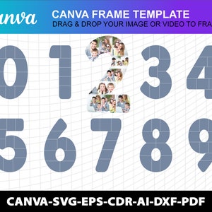 数字写真コラージュ Canva フレーム テンプレート 0 1 2 3 4 5 6 7 8 9 誕生日記念日ストーリーボード SVG 完全に編集可能な Canva - SVG デジタル ファイル