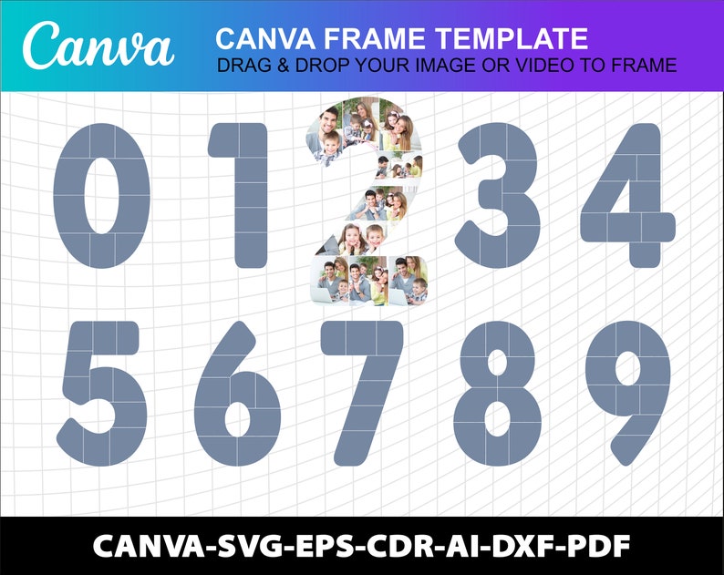 May include: A digital template for creating photo frames in the shape of numbers 0 through 9. The template is designed to be used with Canva, a popular online design platform. The numbers are outlined in a light blue color and have a grid pattern inside. The text "CANVA FRAME TEMPLATE" is at the top of the image, and the text "DRAG & DROP YOUR IMAGE OR VIDEO TO FRAME" is below it. The text "CANVA-SVG-EPS-CDR-AI-DXF-PDF" is at the bottom of the image.