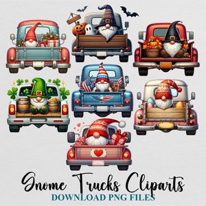 Gnome Truck Watercolor Clipart Halloween Christmas Easter Lucky Thanksgiving Valentines Day PNG Bundle Template Design Download Digital File