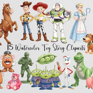 May include: Watercolor clip art featuring characters from the animated movie Toy Story. The collection includes Woody, Buzz Lightyear, Jessie, and other beloved characters. The text "15 Watercolor Toy Story Cliparts" is displayed.
