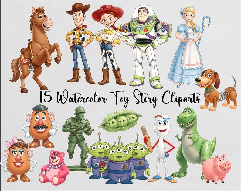 Może przedstawiać: Akwarelowa grafika clipart z postaciami z animowanego filmu Toy Story. Kolekcja zawiera Chudego, Buzz'a Astrala, Jessie i inne ukochane postacie. Wyświetlany jest tekst "15 Watercolor Toy Story Cliparts".