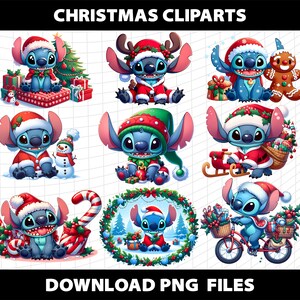 May include: Nine digital illustrations of a blue cartoon character, Stitch, dressed in various Christmas outfits. Stitch is wearing a Santa hat, elf hat, reindeer antlers, and other festive attire. The illustrations are perfect for holiday crafts, scrapbooking, and digital design projects.