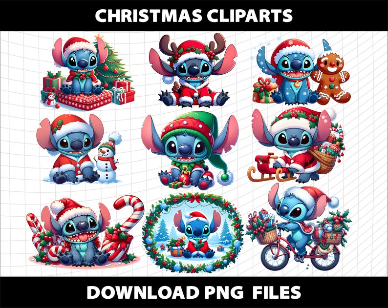 May include: Nine digital illustrations of a blue cartoon character, Stitch, dressed in various Christmas outfits. Stitch is wearing a Santa hat, elf hat, reindeer antlers, and other festive attire. The illustrations are perfect for holiday crafts, scrapbooking, and digital design projects.