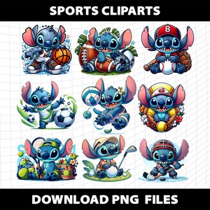 May include: A set of eight digital clipart images featuring a blue cartoon character playing different sports. The character is wearing various sports uniforms and holding sports equipment, including a basketball, football, baseball, soccer ball, tennis racket, golf club, and hockey stick. The images are set against a white checkered background.
