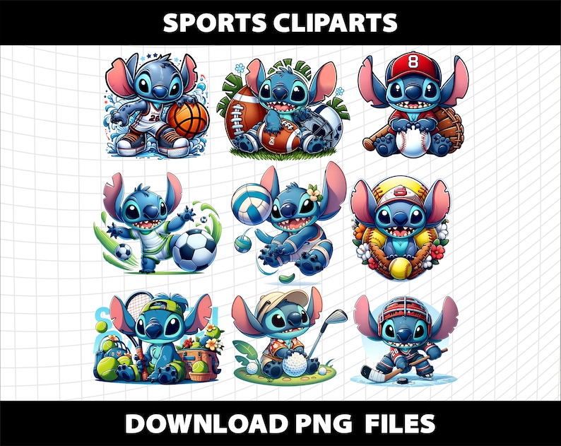 May include: A set of eight digital clipart images featuring a blue cartoon character playing different sports. The character is wearing various sports uniforms and holding sports equipment, including a basketball, football, baseball, soccer ball, tennis racket, golf club, and hockey stick. The images are set against a white checkered background.