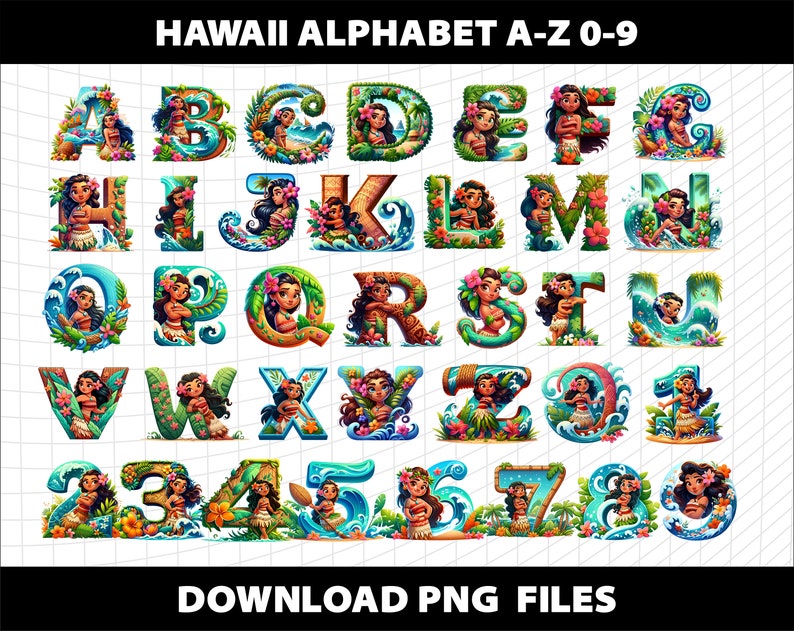 Moana Alphabet Letters Watercolor Cliparts Sublimation PNG Doodle ...