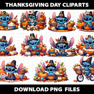 May include: A set of ten digital clipart images featuring a blue cartoon character dressed in a pilgrim hat and holding a cornucopia. The character is surrounded by autumnal elements such as pumpkins, leaves, and gourds. The text "Thanksgiving Day Cliparts" and "Download PNG Files" are also included in the image.