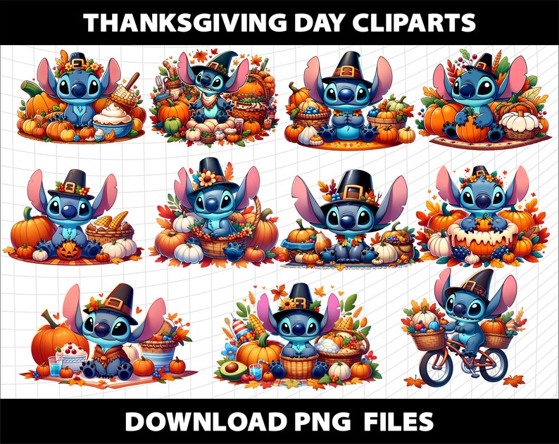 May include: A set of ten digital clipart images featuring a blue cartoon character dressed in a pilgrim hat and holding a cornucopia. The character is surrounded by autumnal elements such as pumpkins, leaves, and gourds. The text "Thanksgiving Day Cliparts" and "Download PNG Files" are also included in the image.