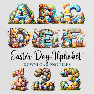Día de Pascua Alfabeto Letras Cliparts Huevo Conejito Sublimación PNG Doodle Diseño Descargar Archivo Digital Instantáneo Uso Comercial Imprimible