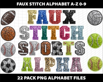 Faux Embroidery Stitch Sports Sequin Glitter Letters Alphabet Football Basketball Baseball Png Sublimation Bundle Download Digital File