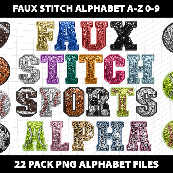 Faux Embroidery Stitch Sports Sequin Glitter Letters Alphabet Football Basketball Baseball Png Sublimation Bundle Download Digital File