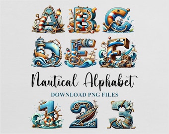 Nautical Sailing Letters Alphabet Numbers Cliparts Bundle Sublimation PNG Poster Design Download Digital File Commercial use  Printable
