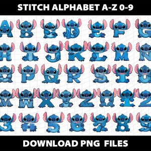 May include: Blue Stitch character alphabet letters A-Z and numbers 0-9.  Each character is depicted as a Stitch character with a friendly expression.  The letters and numbers are in a white background with a grid pattern.