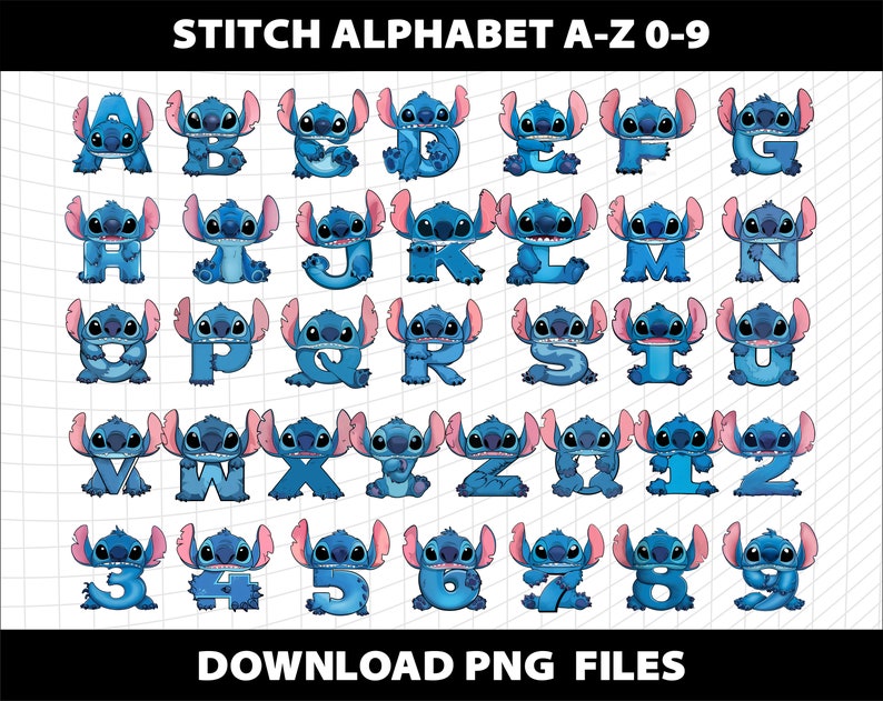 May include: Blue Stitch character alphabet letters A-Z and numbers 0-9.  Each character is depicted as a Stitch character with a friendly expression.  The letters and numbers are in a white background with a grid pattern.