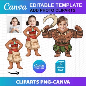 Vaiana Clipart Anpassade Lägg till ditt ansikte Foto PNG Canva Redigerbar Födelsedagsfest DIY Cupcake Topper Mall Ladda ner Digital Fil Vaiana Moui bild 1