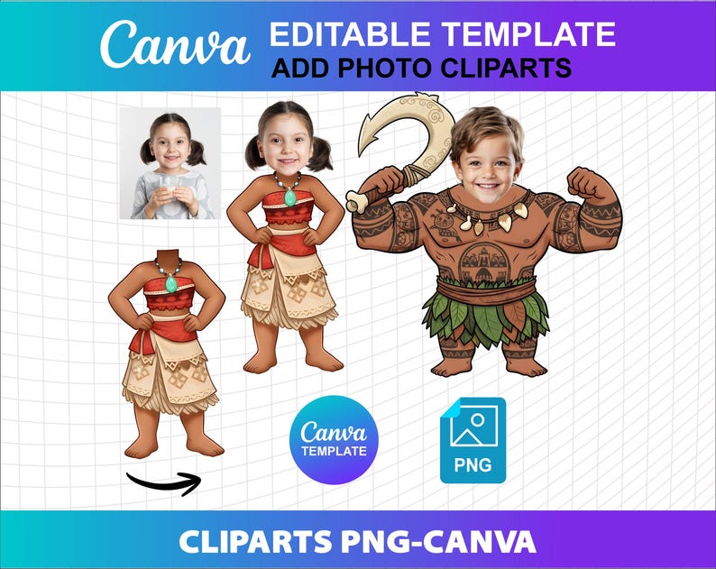 Vaiana Clipart Anpassade Lägg till ditt ansikte Foto PNG Canva Redigerbar Födelsedagsfest DIY Cupcake Topper Mall Ladda ner Digital Fil Vaiana Moui bild 1