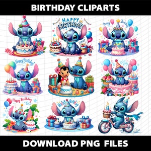 May include: A set of ten digital clipart images featuring Stitch from Lilo & Stitch. Each image features Stitch in a different birthday-themed pose, with colorful balloons, presents, and cakes. The text "Happy Birthday!" appears in several of the images.