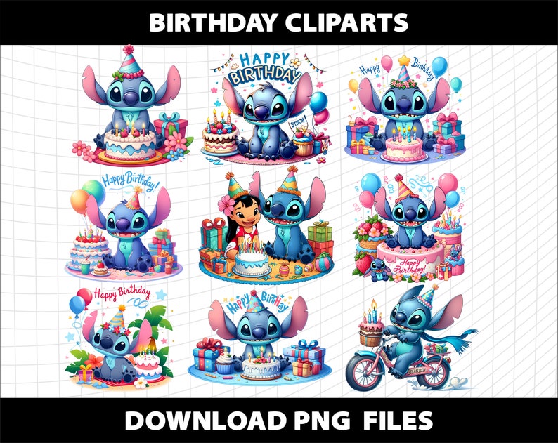 May include: A set of ten digital clipart images featuring Stitch from Lilo & Stitch. Each image features Stitch in a different birthday-themed pose, with colorful balloons, presents, and cakes. The text "Happy Birthday!" appears in several of the images.