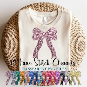 Puede incluir: 15 imágenes de clipart de puntada falsa. Las imágenes son archivos PNG transparentes. El clipart presenta un lazo de purpurina rosa.