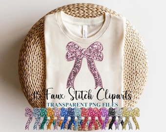 Bow Faux Stitch Embroidery Sequin Glitter Coquette Bow Shirt Watercolor Clipart Bundle PNG Sublimation Template Design Download Digital File